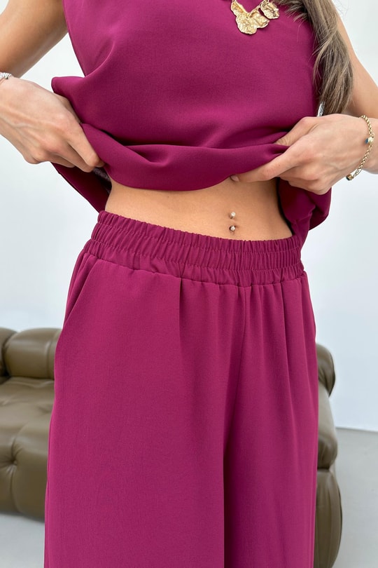 Tek Omuz Bluz Pantolon Takım Bordo