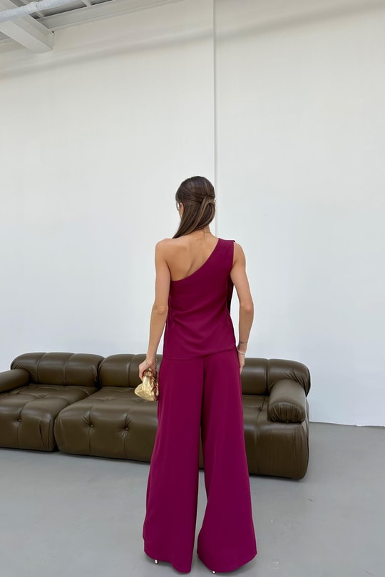 Tek Omuz Bluz Pantolon Takım Bordo