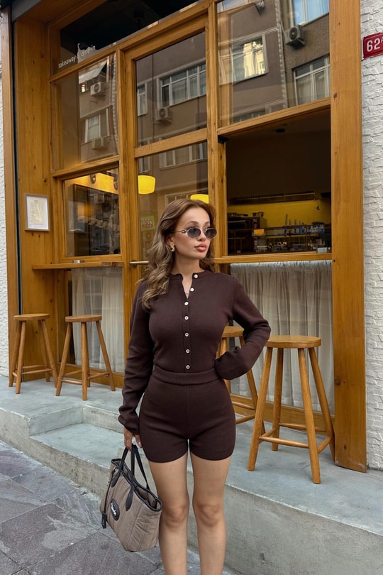 Triko Bodysuit Şort Takım Kahve