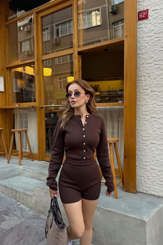 Triko Bodysuit Şort Takım Kahve