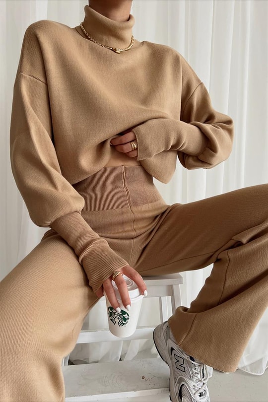 Triko Crop Pantolon Takım Camel