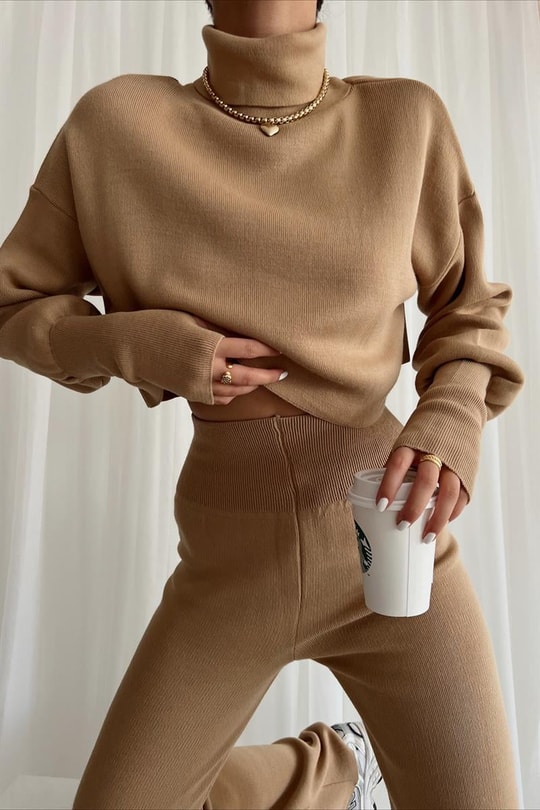 Triko Crop Pantolon Takım Camel