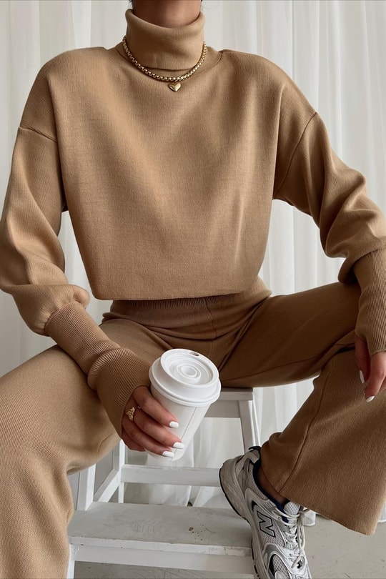 Triko Crop Pantolon Takım Camel