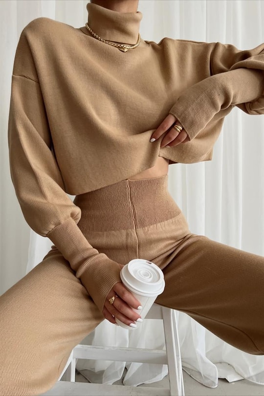 Triko Crop Pantolon Takım Camel
