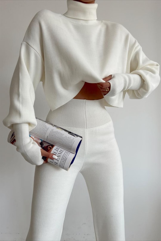 Triko Crop Pantolon Takım Ekru