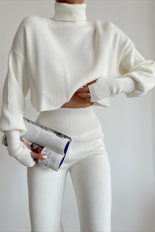 Triko Crop Pantolon Takım Ekru