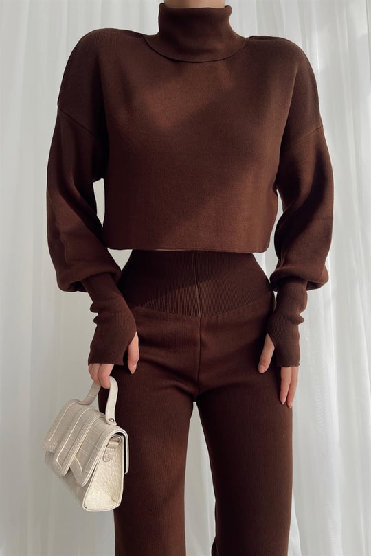 Triko Crop Pantolon Takım Koyu Kahve