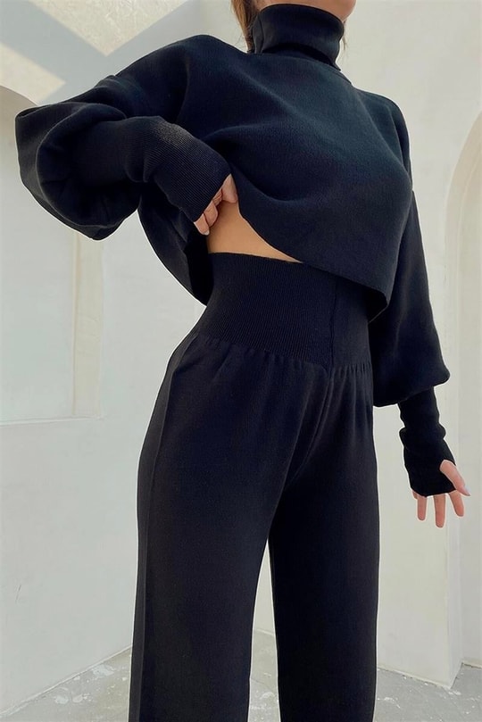 Triko Crop Pantolon Takım Siyah