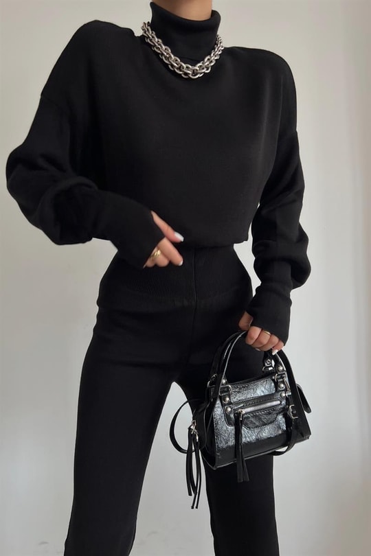 Triko Crop Pantolon Takım Siyah