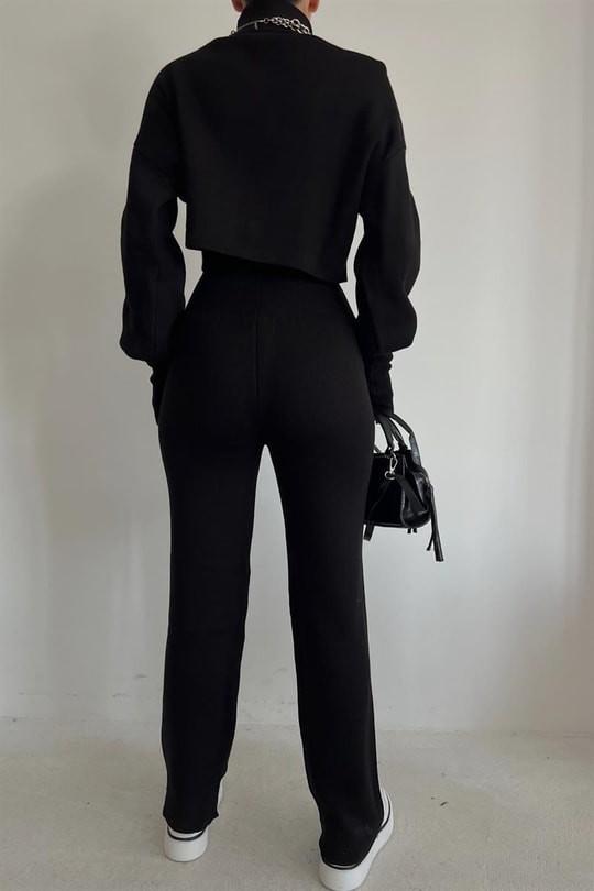 Triko Crop Pantolon Takım Siyah