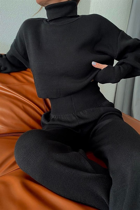 Triko Crop Pantolon Takım Siyah