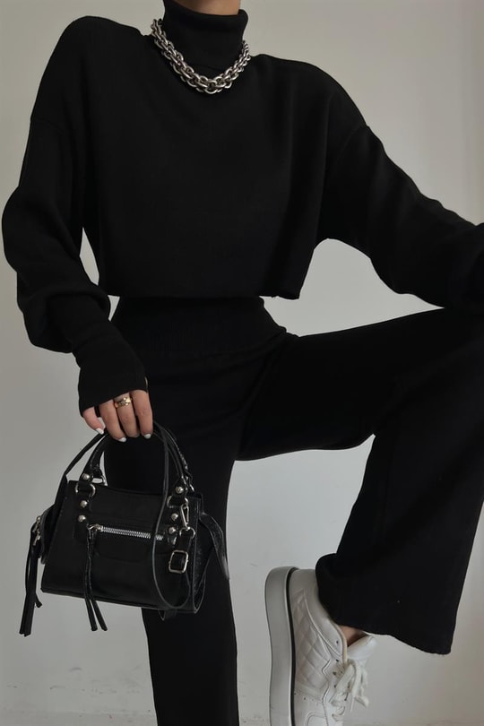 Triko Crop Pantolon Takım Siyah
