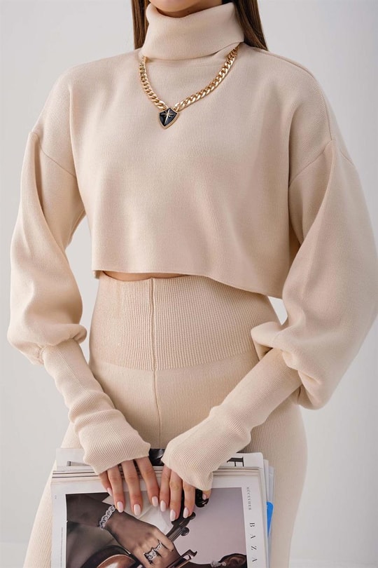 Triko Crop Pantolon Takım Taş