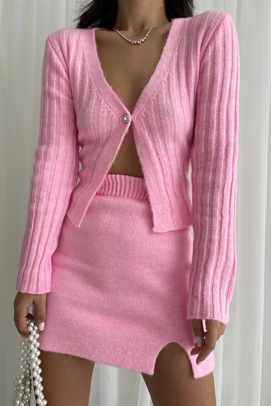 Triko Mini Etekli Takım Pembe