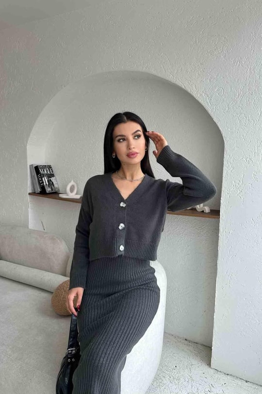 Üç Düğme Hırka Elbise Triko Takım Gri