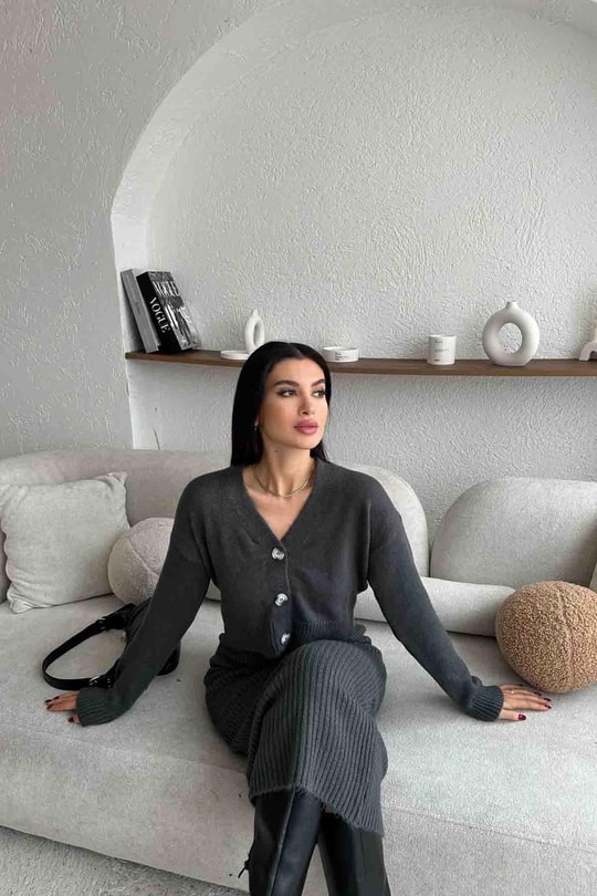 Üç Düğme Hırka Elbise Triko Takım Gri