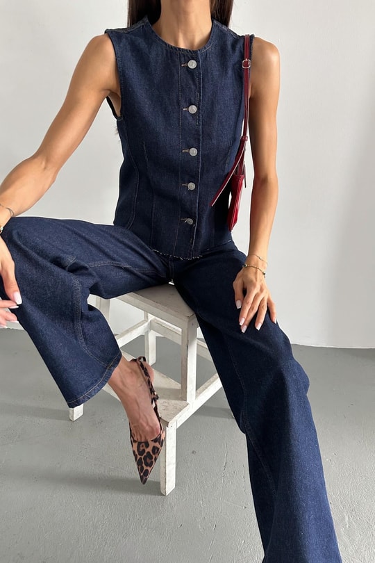 Yelekli Denim Takım Lacivert