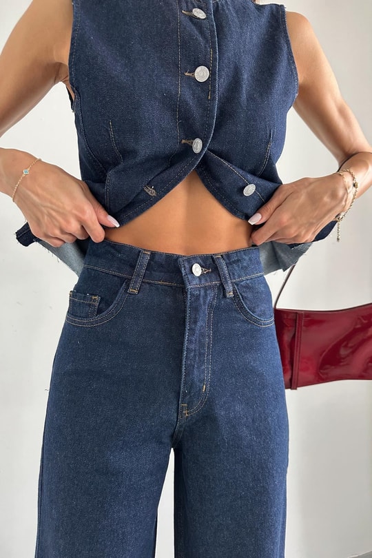 Yelekli Denim Takım Lacivert