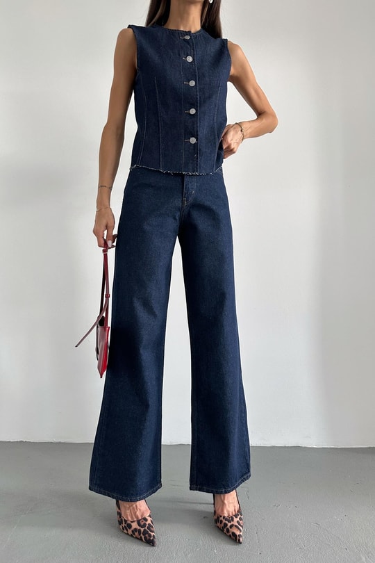Yelekli Denim Takım Lacivert