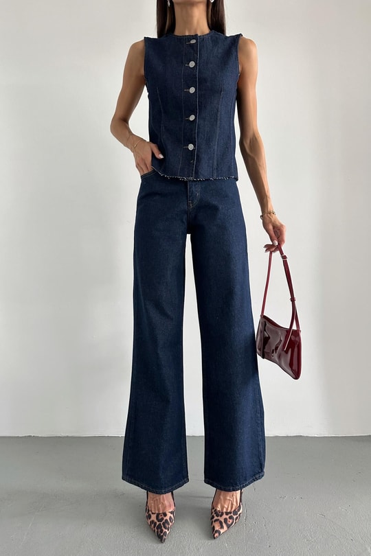 Yelekli Denim Takım Lacivert