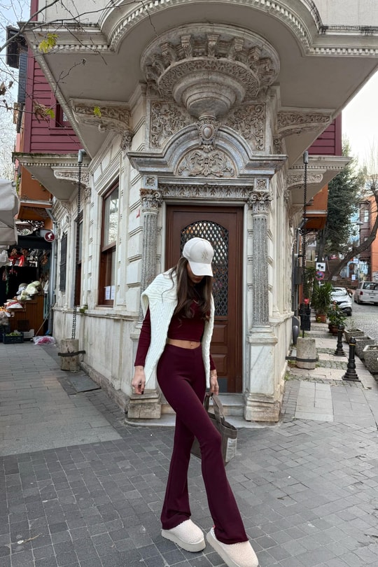 Streç Yüksek Bel Tayt Bordo