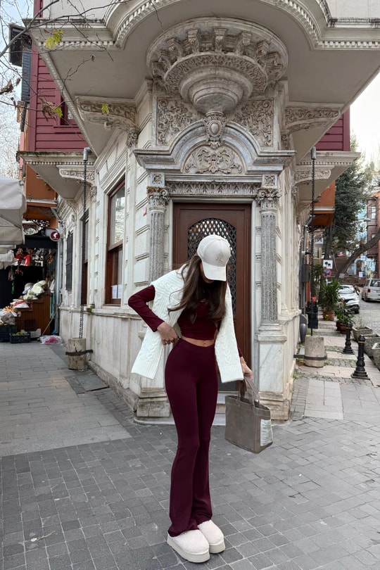 Streç Yüksek Bel Tayt Bordo
