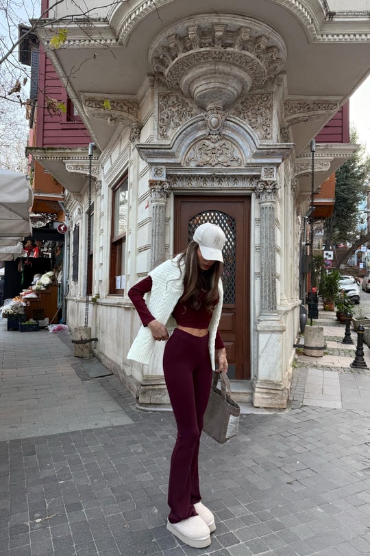 Streç Yüksek Bel Tayt Bordo