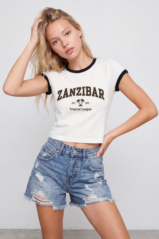 Baskılı Kısa Kol Tshirt Ekru Tişört
