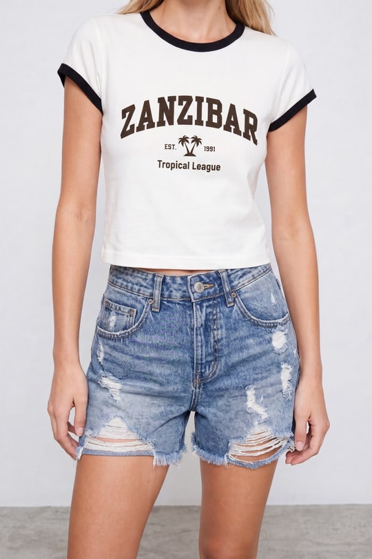 Baskılı Kısa Kol Tshirt Ekru Tişört