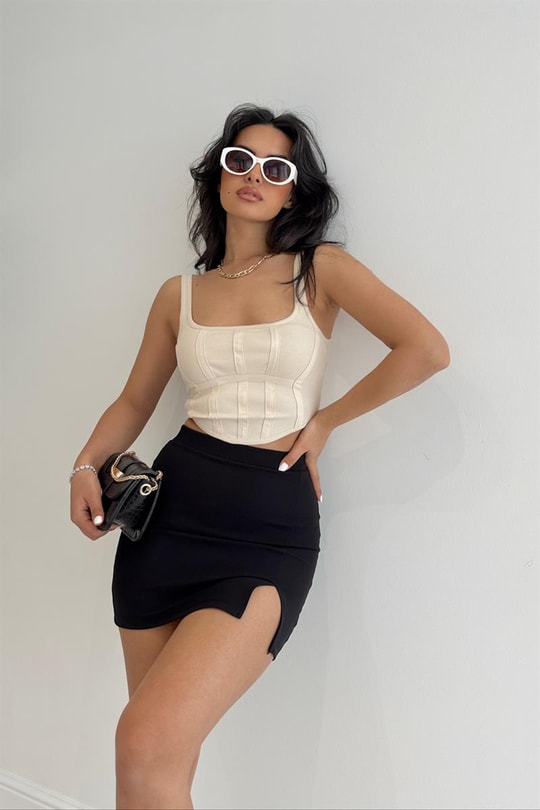 Arka Fermuarlı Korsaj Crop Top Bej