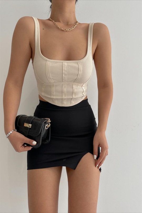 Arka Fermuarlı Korsaj Crop Top Bej