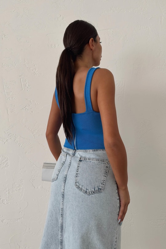Arka Fermuarlı Korsaj Crop Top Mavi