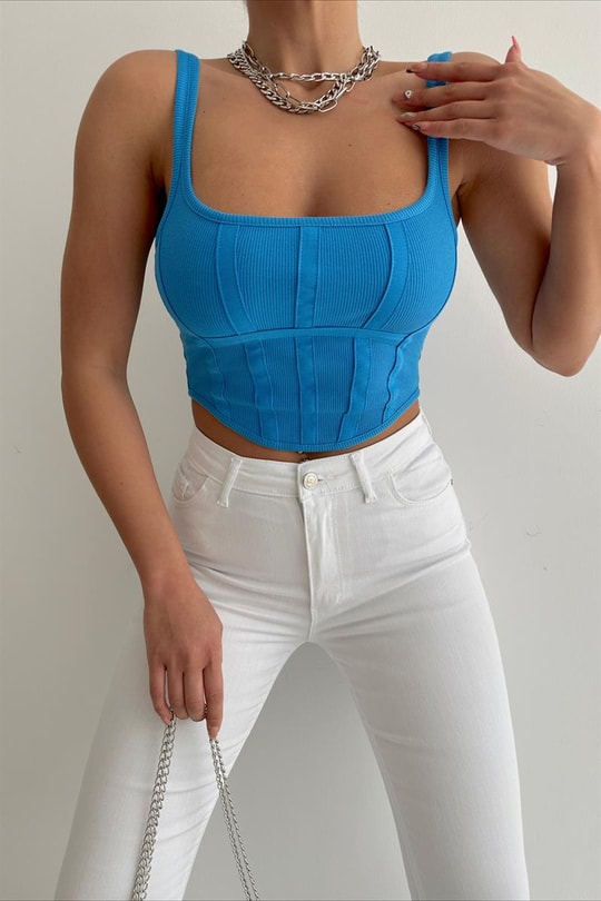 Arka Fermuarlı Korsaj Crop Top Saks Mavisi