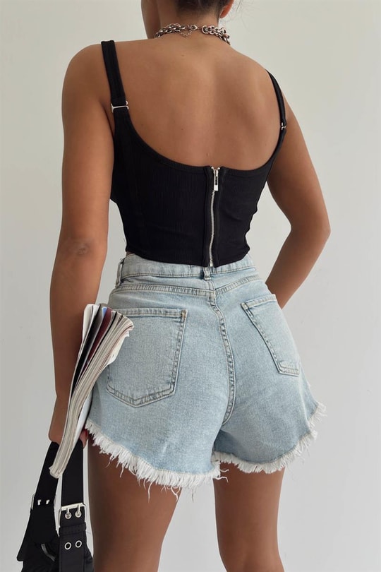 Arka Fermuarlı Korsaj Crop Top Siyah