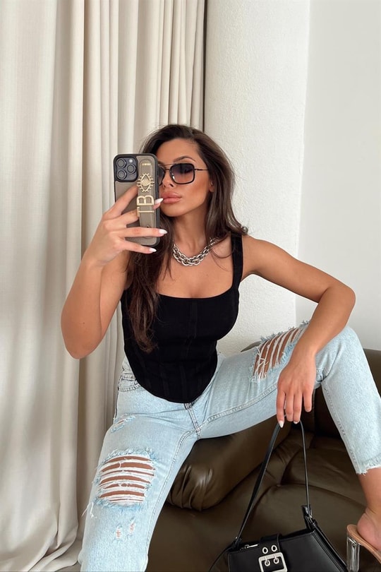 Arka Fermuarlı Korsaj Crop Top Siyah