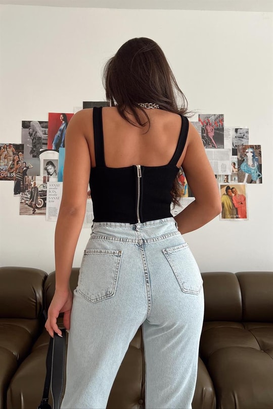 Arka Fermuarlı Korsaj Crop Top Siyah