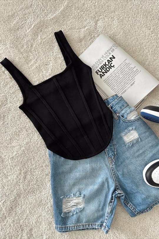 Arka Fermuarlı Korsaj Crop Top Siyah