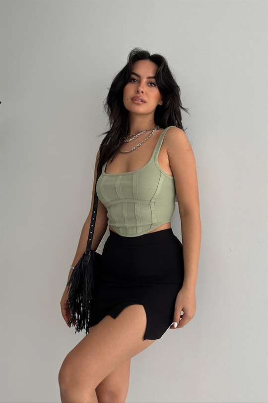Arka Fermuarlı Korsaj Crop Top Yeşil