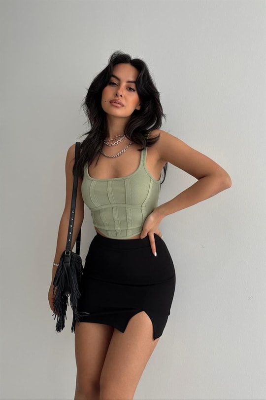 Arka Fermuarlı Korsaj Crop Top Yeşil