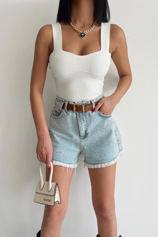 Askılı Fitil Detay Crop Top Krem