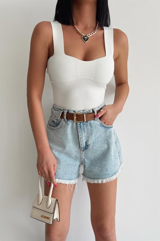 Askılı Fitil Detay Crop Top Krem