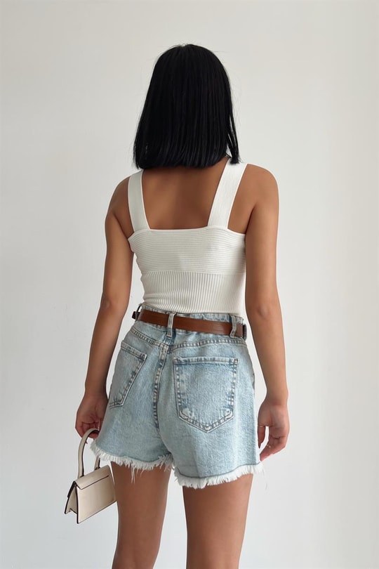 Askılı Fitil Detay Crop Top Krem