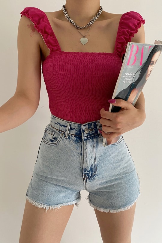 Büzgü Askılı Crop Top Fuşya
