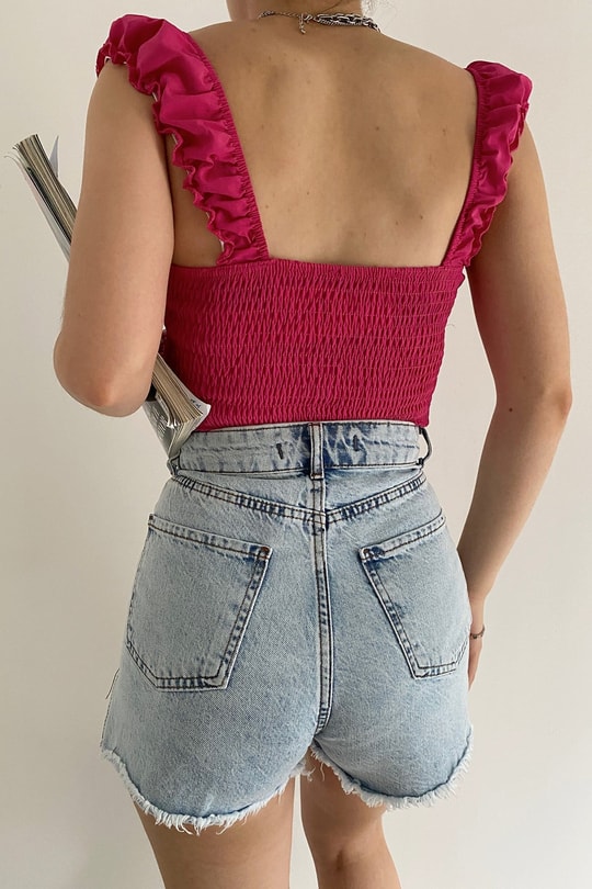 Büzgü Askılı Crop Top Fuşya