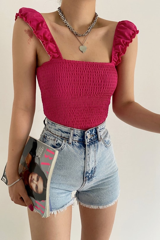 Büzgü Askılı Crop Top Fuşya