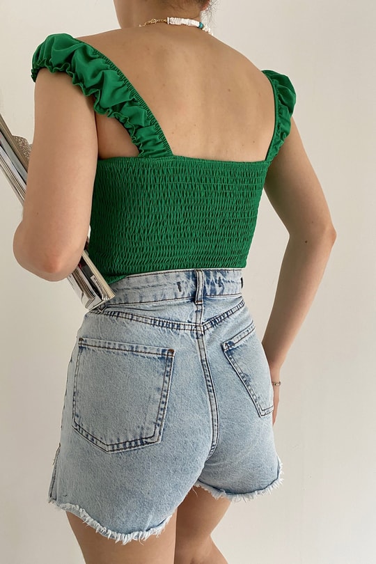 Büzgü Askılı Crop Top Yeşil