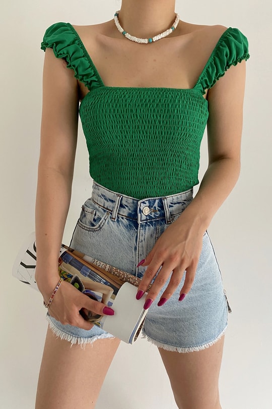 Büzgü Askılı Crop Top Yeşil