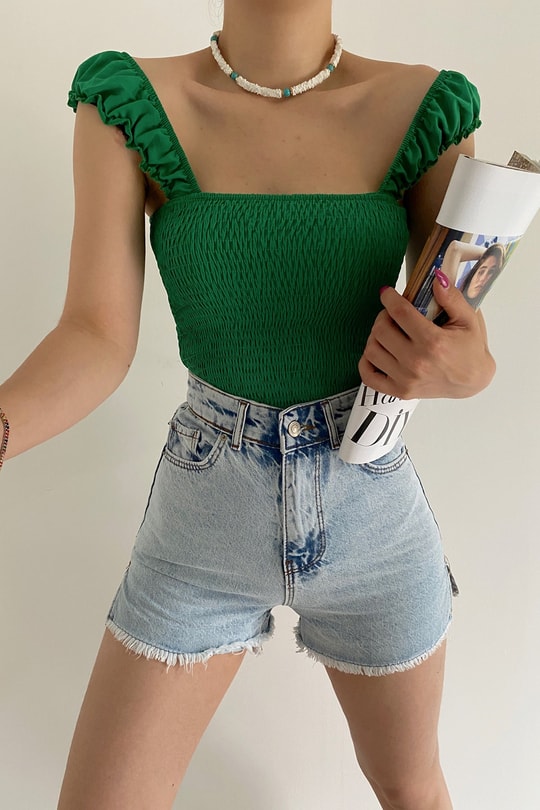 Büzgü Askılı Crop Top Yeşil