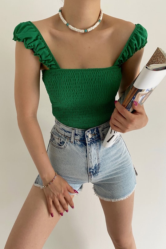 Büzgü Askılı Crop Top Yeşil
