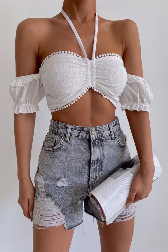 Büzgülü Gofre Crop Top Beyaz